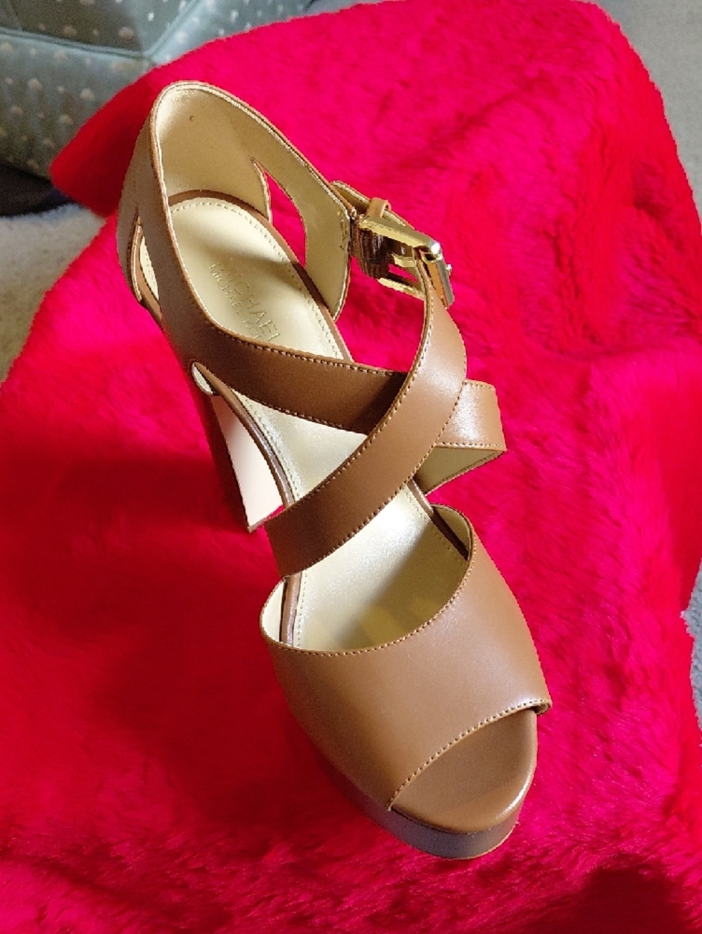 MICHAEL Michael Kors Tan Crisscross Peep-Toe Wedge Sandal